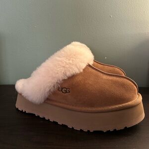 UGG Tan Suede Slippers with White Fur